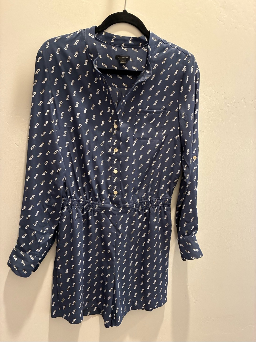 Long-Sleeve Navy Blue Printed Shirt Dress